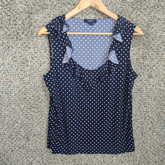 Chaps Top Womens PL Petite Large Navy Blue Polka Dot Sleeveless Ruffle Blouse - Picture 1 of 7